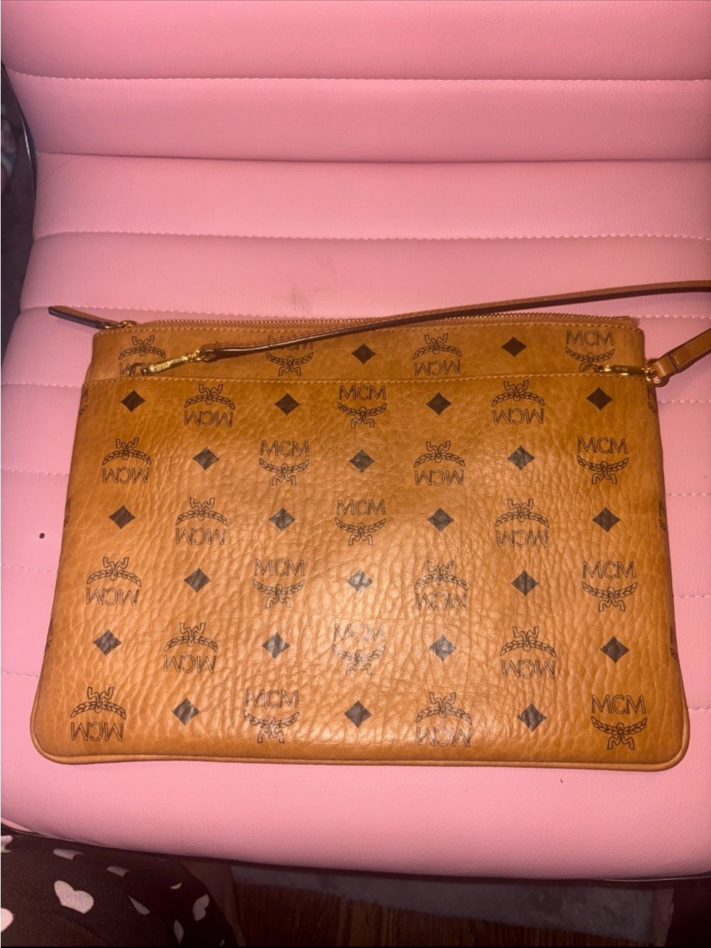 (((((Price is firm)))))MCM Cognac Logo-Print Leather Zip Pouch - Cognac Brown - Picture 2 of 4